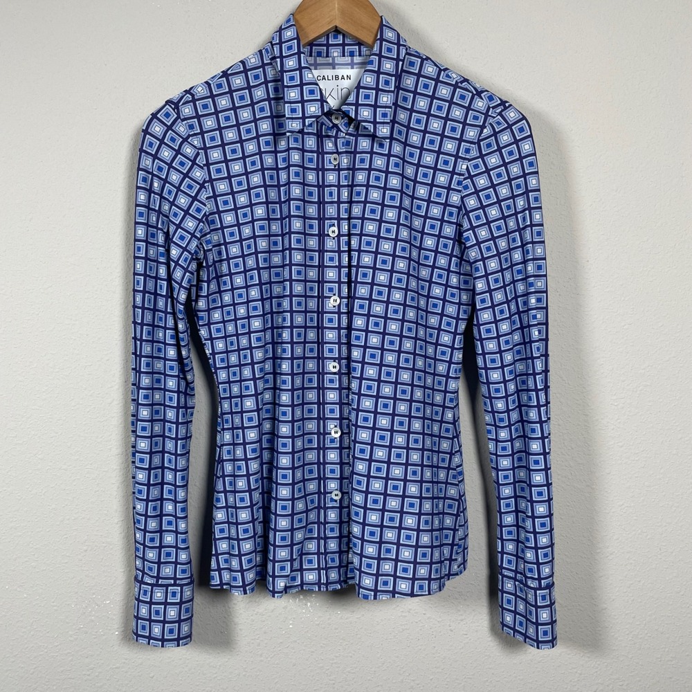 Caliban Skin Like Button Up Shirt Women 42 (4/6) Blue Geometric Office‎ Preppy